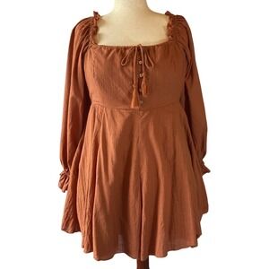 Boho Mini Dress Smocked Square Neck Tassel Tie Russet XXL